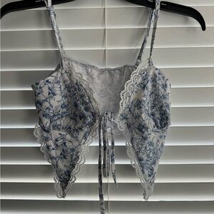 SHEIN Blue and White Lace Trim Top